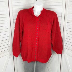 Venezia Vtg Swiss Dot Button Up Chunky Sweater Red Green 18 Christmas Cardigan